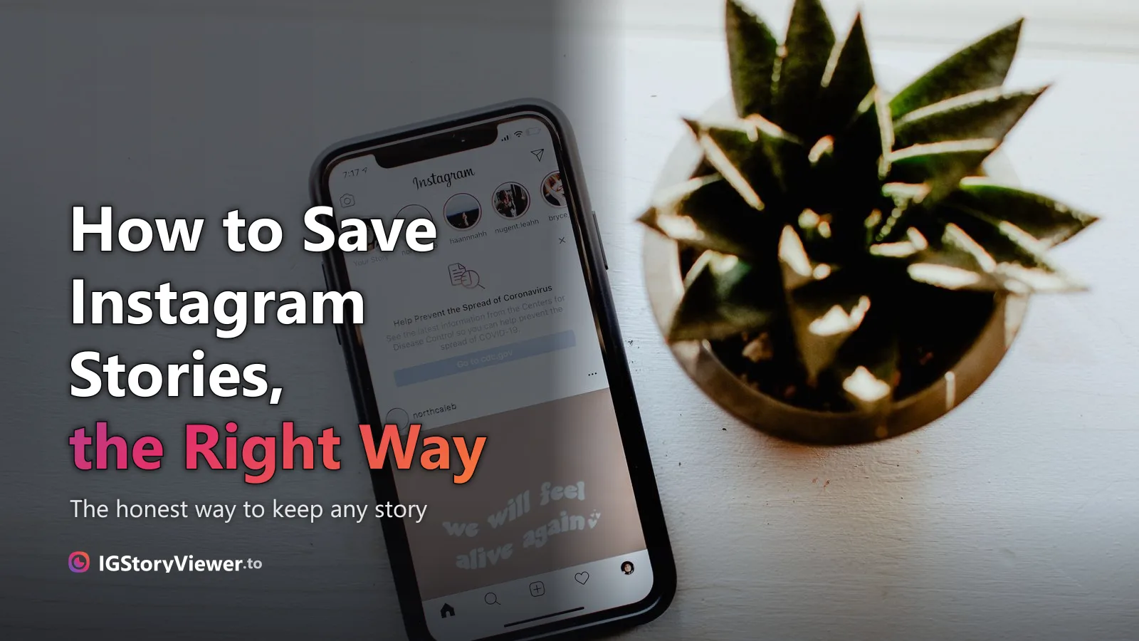 A phone lying on a desk showing an open Instagram story next to a small potted plant, under the headline "How to Save Instagram Stories the Right Way"