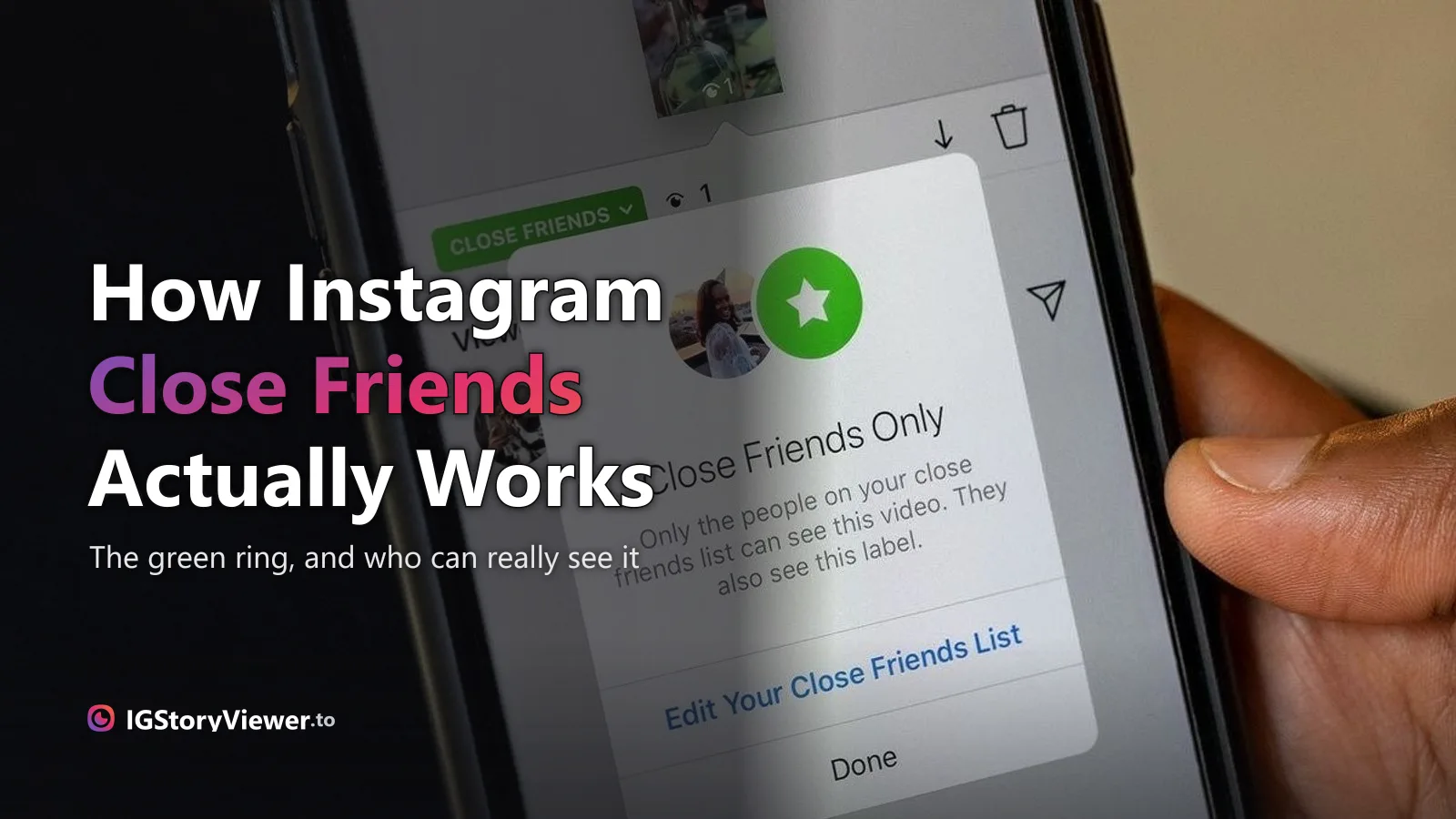 A silhouetted hand holding a phone with the glowing Instagram logo on screen, against a dark purple gradient background with the blurred Instagram wordmark