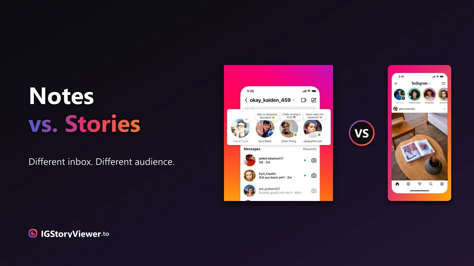 Two phone mockups side by side with a VS badge between them — one showing Instagram Notes above a DM inbox, the other showing the story tray in the main feed