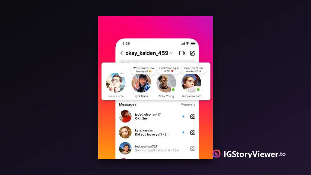 A Note bubble reading "Leave a note" floating above the Messages list in an Instagram DM inbox