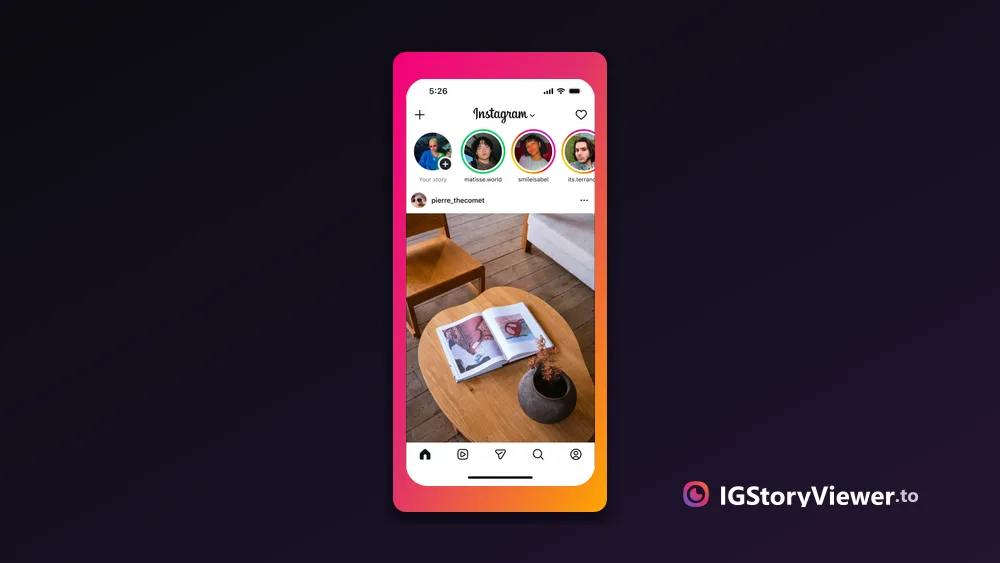 The Instagram story tray at the top of the main feed, showing several accounts with an active story