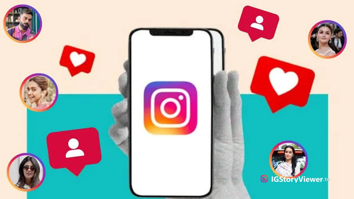 An illustrated Instagram logo on a phone screen surrounded by notification and follower icons