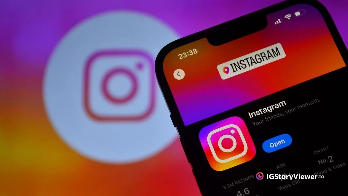 A hand holding a phone showing the Instagram app listing in the App Store, with a blurred Instagram logo glowing in the background