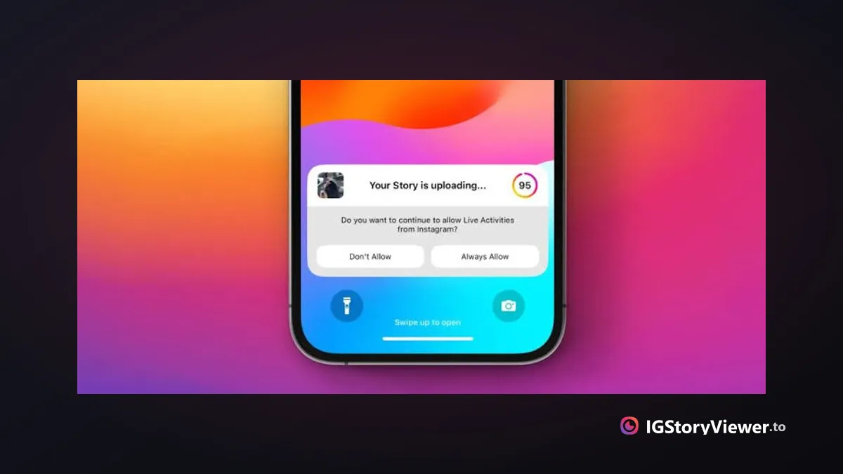 An Instagram Live Activity notification on a phone reading "Your Story is uploading" with Allow options