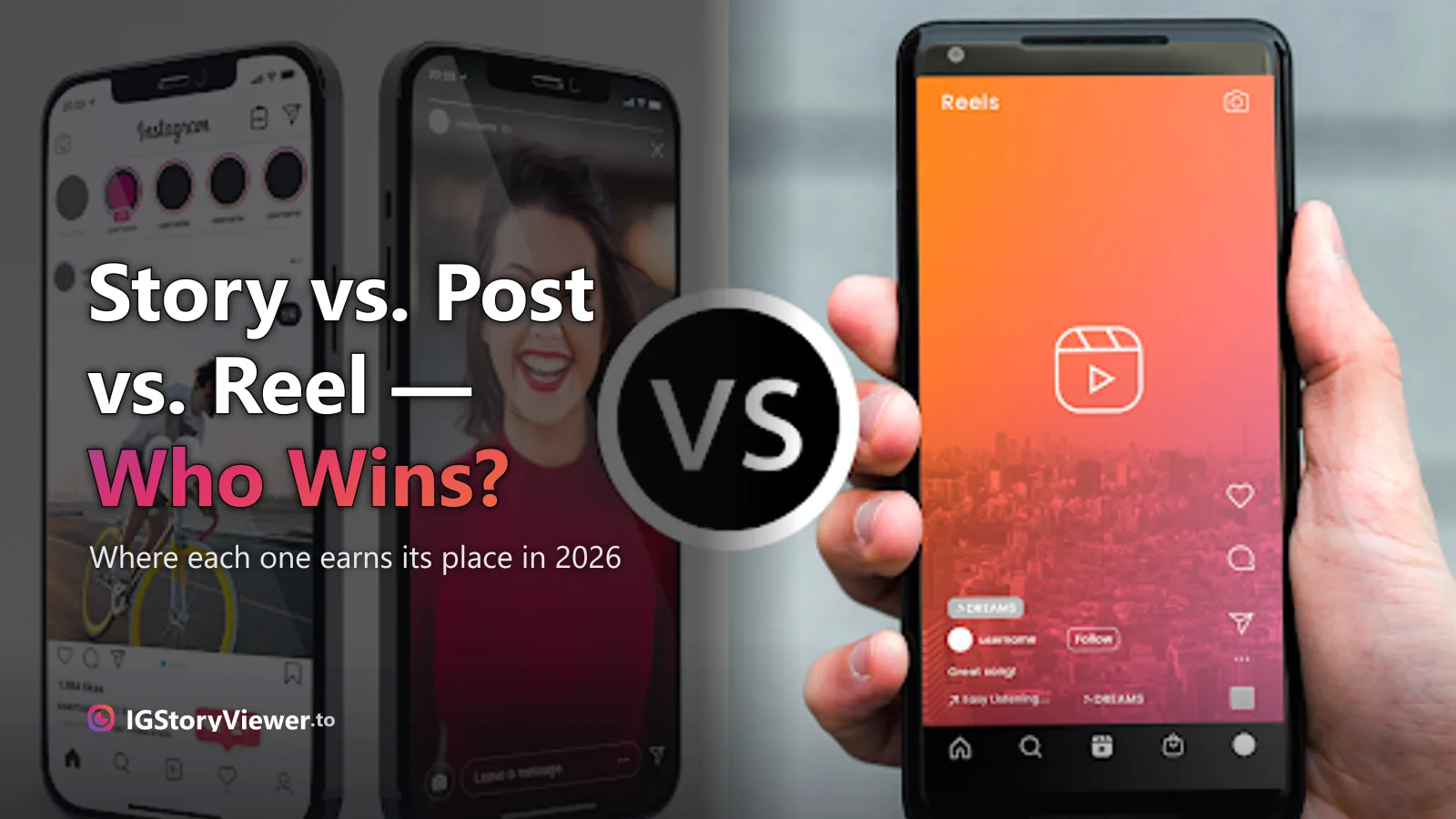 A phone glowing with the Instagram logo held up against a dark blue blurred background, next to the headline "Story vs. Post vs. Reel"