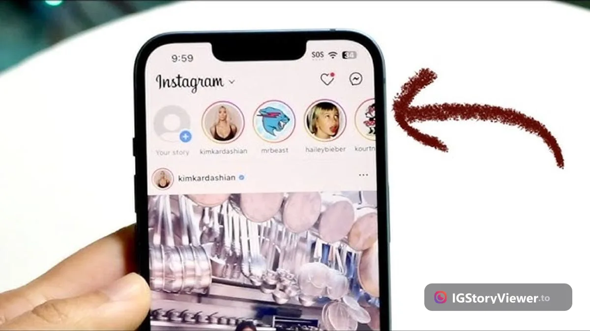 A phone showing the Instagram app with a hand-drawn arrow pointing at the Stories row at the top of the screen