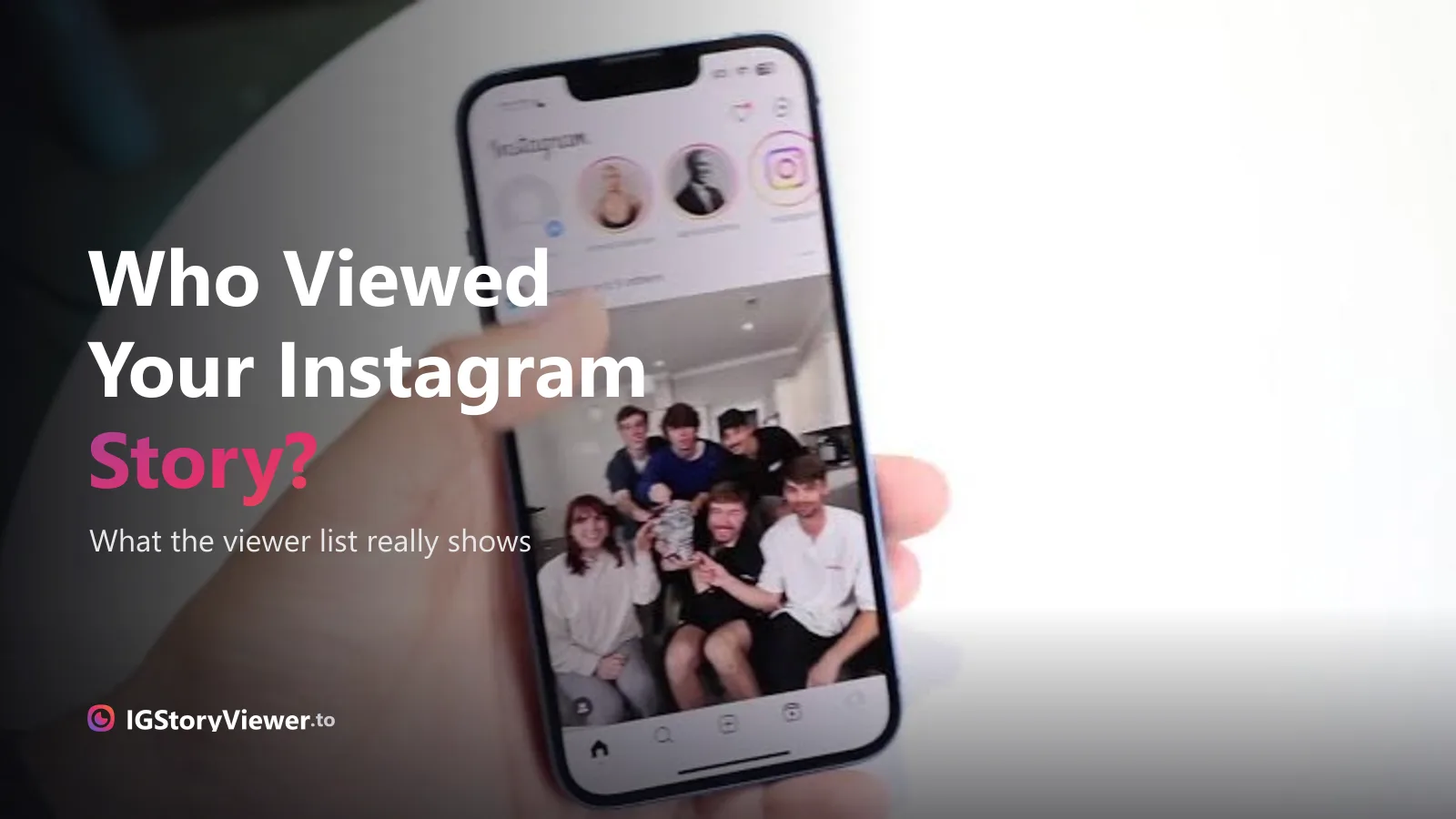 A hand holding a phone showing an Instagram story on screen, under the headline "Who viewed my story?"