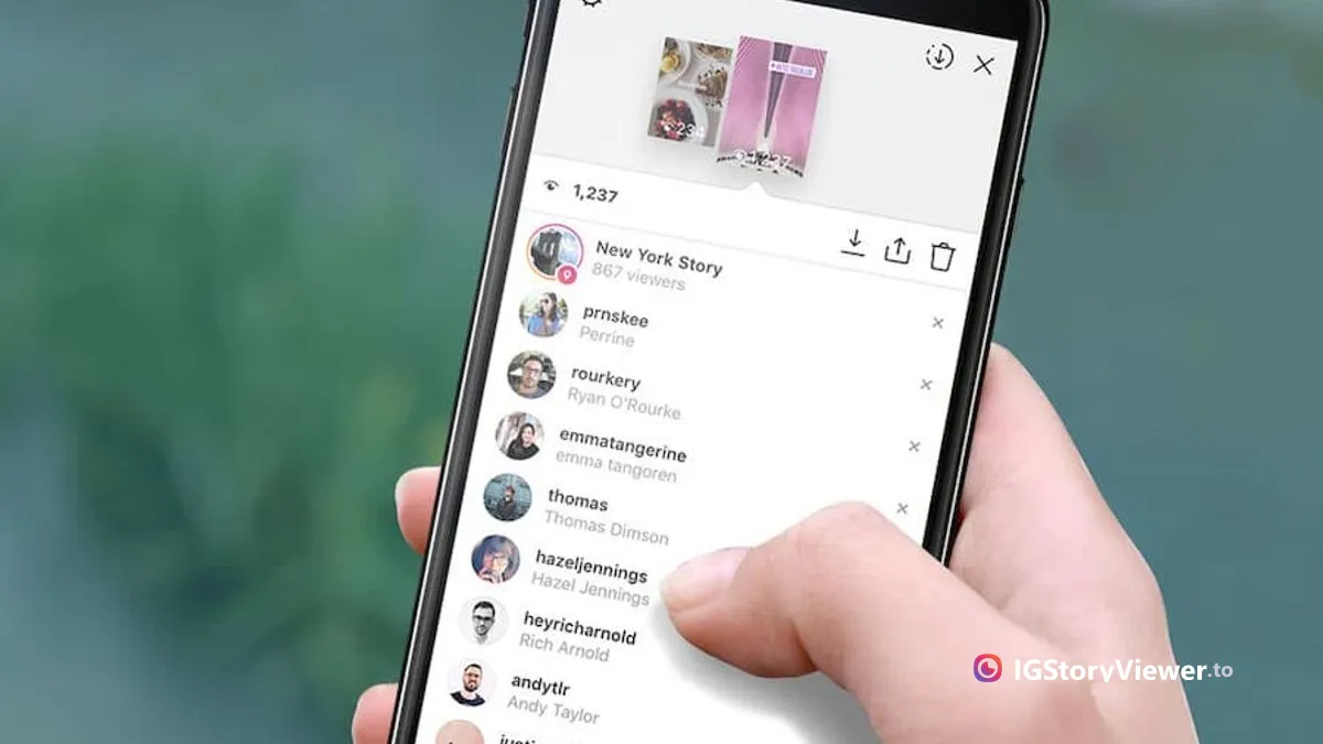 A hand holding a phone showing an Instagram story's viewer list, with follower usernames and a total view count